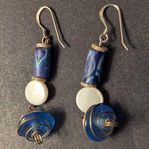 Unique Vintage 925 Sterling Silver Boho Lampwork Dangle Drop Earrings w/MOP